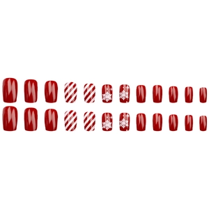 Christmas red snowflake false nails with candy cane stripes and glossy square finish