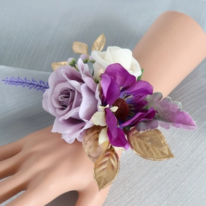 Handmade artificial rose wrist corsage with purple silk flowers for wedding bridesmaids