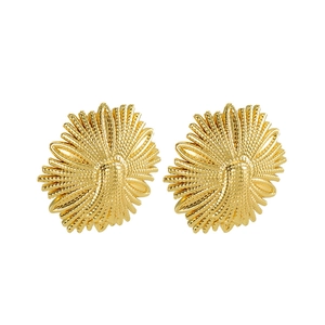 Golden sunburst flower stud earrings in vintage textured stainless steel for women