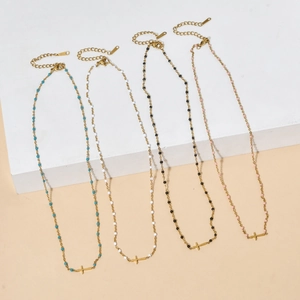 Bohemian beaded cross necklaces in blue, white, black and pink with gold lobster clasp