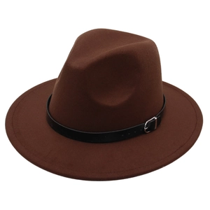 Classic dark brown wide brim fedora felt hat with black buckle belt on white background