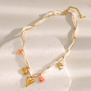 18K vergulde roestvrijstalen gelaagde ketting met hartje, schelp en dolfijn hangers