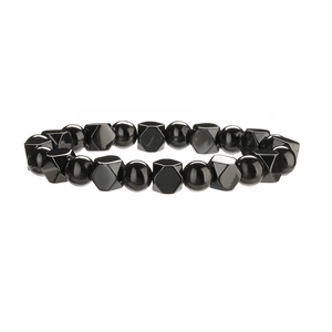 Minimalist black beaded magnetic therapy bracelet with round and geometric stones