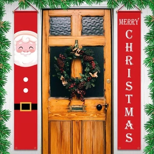 Red Christmas porch banner set with cartoon Santa Claus and Merry Christmas text