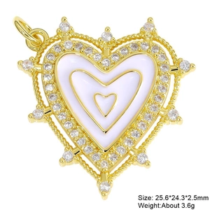 Detail of heart pendant with white enamel and zircons showing dimensions 25.6x24.3mm