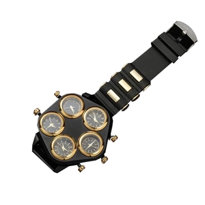 Men's hip hop punk watch with large black dial and five gold time zones on silicone strap