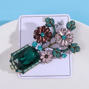 Vintage Baroque vase brooch with colorful rhinestones on a white display card