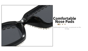 Close-up of lightweight integrated nose pads on rhinestone-studded square sunglasses