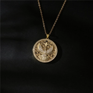 Punk style round eagle pendant necklace with micro-set rhinestones on black background