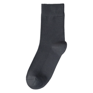 Breathable dark grey business crew socks with mesh texture and ribbed cuffs for men