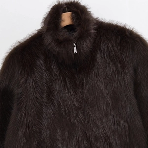 Women's dark brown faux fur vest with high neck collar and metal zipper detail