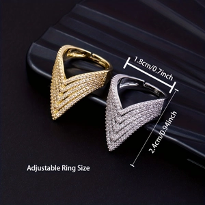 Luxurious gold and silver triangle V-shaped adjustable rings with sparkling zircons