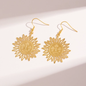 Sun Face Drop Earrings Gold Stainless Steel Hollow Out Retro Boho Style Fashion Jewelry For Women