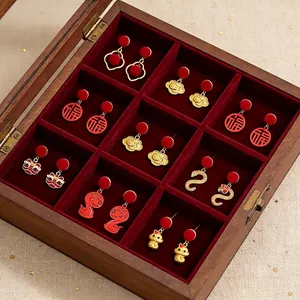 Chinese Style Retro Enamel Earrings With Silver Earring Post Festive Floral Lucky Character Geometric Jewelry For Women