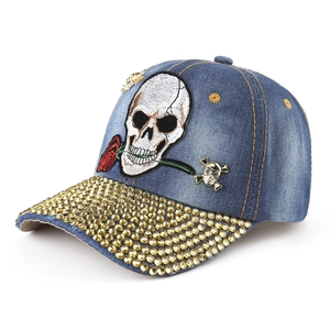 Navy blue washed denim baseball cap with rose skull embroidery and gold rhinestone brim