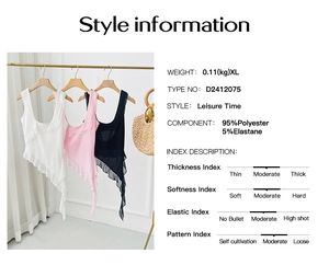 Size chart and fabric details for women Y2K sleeveless mesh camisole with irregular hem