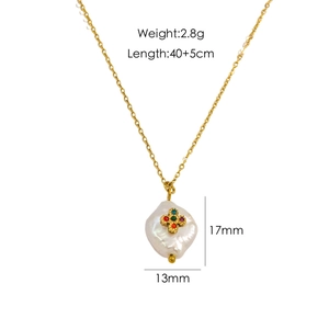 Detailed view of baroque pearl pendant with colorful zircon accents and gold chain size specs