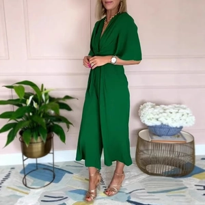 Elegant dark green V-neck jumpsuit with waist tie and wide-leg design for women