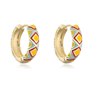 Close-up of geometric enamel patterns in red, yellow, and blue on 18K gold-plated hoops