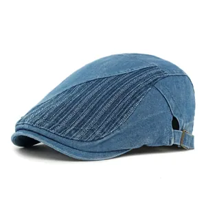 Casquette plate vintage en denim délavé avec coutures latérales et boucle réglable