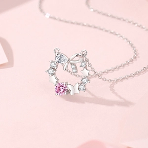 Elegant s925 silver necklace with pink zircon bow and butterfly pendant charms