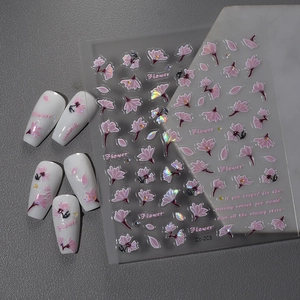 Dettaglio degli adesivi per nail art con fiori rosa a rilievo e motivi floreali Co-206