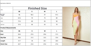 Detailed size chart for backless slit dress with model in colorful patchwork midi dress