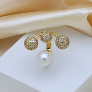 Gold-plated open ring featuring a white pearl and three sparkling zircon spheres on display