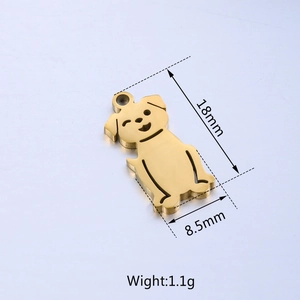 Macro shot showing dimensions 18x8.5mm of the golden stainless steel puppy pendant