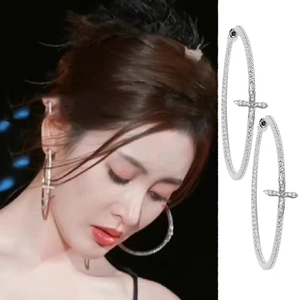 Shiny CZ Cross Hoop Earrings For Women Copper Geometric Circle Luxury Jewelry With 925 Sterling Silver Earring Post