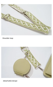 Detail of adjustable patterned shoulder strap and detachable sage green coin purse