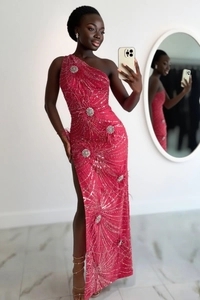 Detail of rose red one-shoulder evening gown with radial sequins and crystal appliques