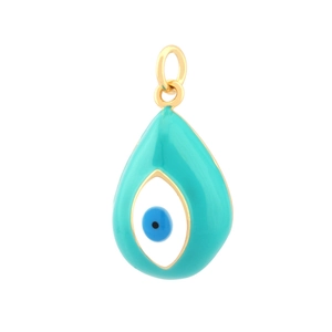 Detail of water drop-shaped evil eye pendant with blue enamel and golden metal edge