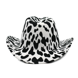 Classic western cowboy hat with black and white cow print and curved brim for adults