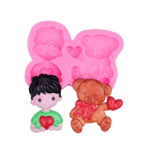 Pink silicone mold with bear and boy holding hearts for cake and chocolate decorating