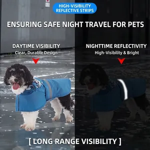 Blue dog raincoat with wide reflective safety strips for small and large pets visibility