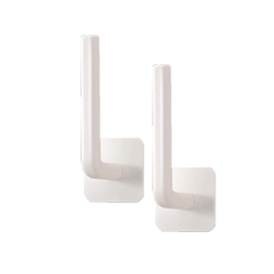 Set of two white L-shaped wall hooks with adhesive pads for kitchen roll and cling film