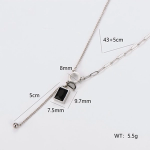 Detailed size specifications for silver necklace with black acrylic pendant and tassel