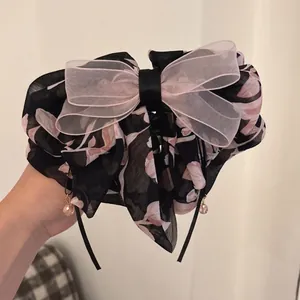 Floral chiffon ponytail hair claw clip with double-layered bow and crystal tassels