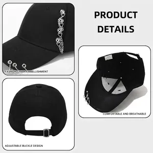 Black cotton punk baseball cap with silver metal chains and rings from multiple angles