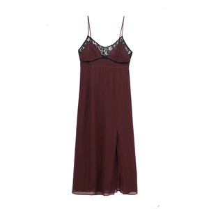 Sexy Lace Patchwork Maxi Dress Deep Red Chiffon Satin Side Slit Backless Spaghetti Strap Elegant Party Dating Dress For Women