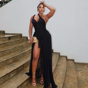 Women One Shoulder High Slit Maxi Dress Ruched Backless Slim Fit Sleeveless Solid Color Evening Party Gown