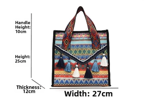 Borsa a tracolla tessuta in stile etnico bohémien da donna con nappe e dimensioni.