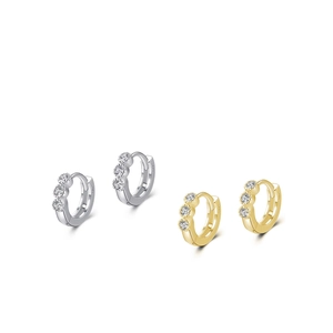 Minimalist S925 sterling silver hoop earrings with three small diamonds in gold and silver