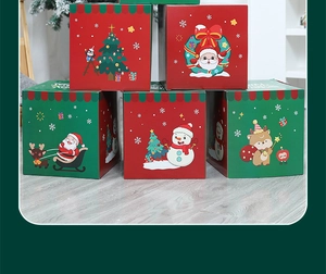 Close-up of colorful Christmas gift boxes with festive cartoon prints in a pyramid stack