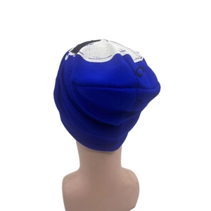 Blue knit beanie with abstract skull print pattern on a high-quality thermal winter hat