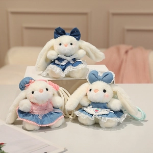 Three cute white plush bunny keychains with doll dresses and delicate lace straps