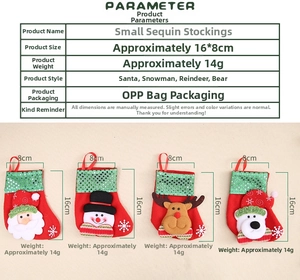 Sequin Christmas stocking size chart showing 16x8cm dimensions for various holiday styles