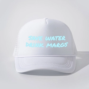 Detail of white trucker hat featuring light blue Save Water Drink Margs slogan print