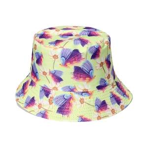Light green cotton bucket hat with purple butterfly and white daisy floral patterns